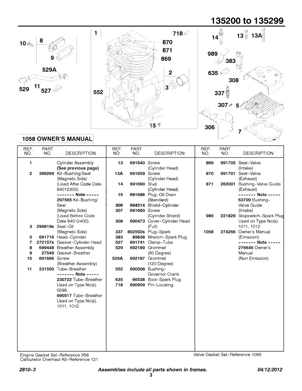 Cylinder Group-Parts Diagram and Parts List for 135207-0325-XX  Briggs and Stratton Engine
